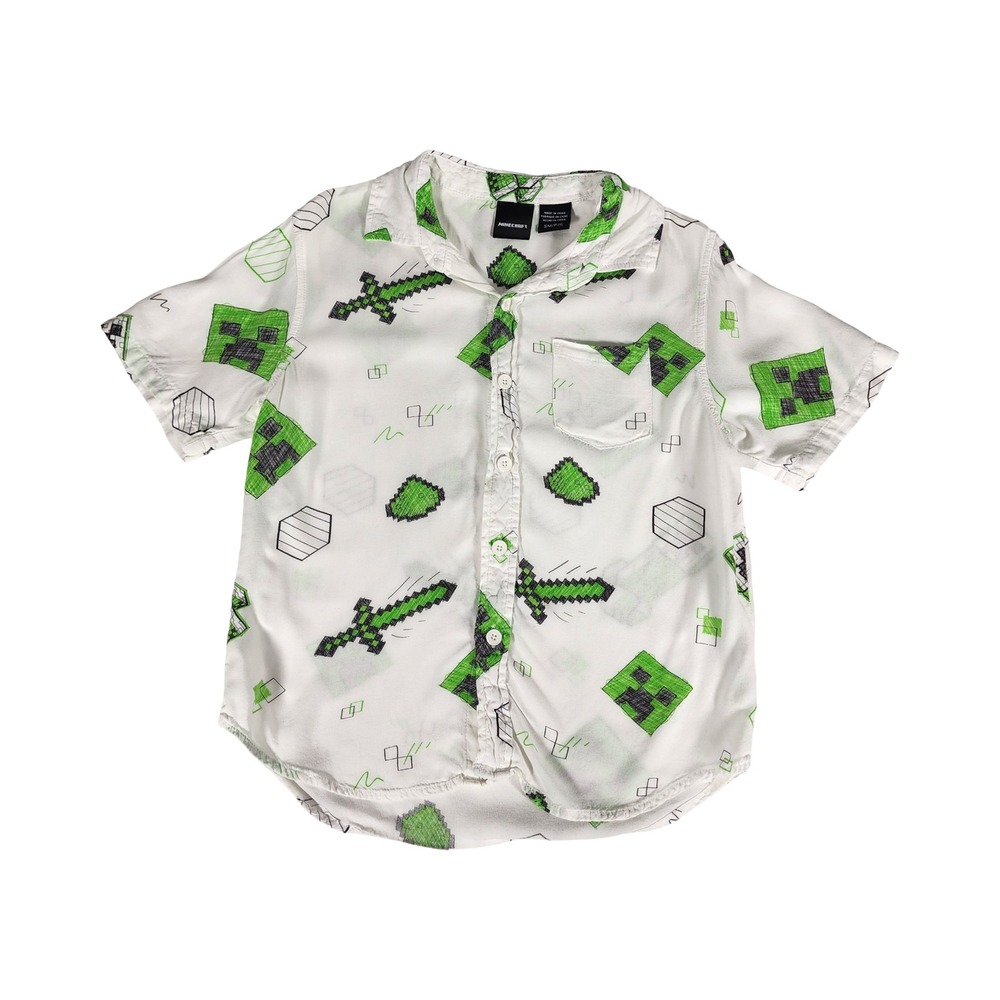 Minecraft Boys Short Sleeve Button Down Shirt‎ White Green Creeper Sword Size S
